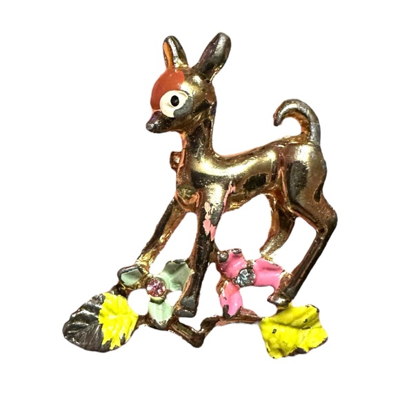 Vintage Doe Deer Fawn Pin Brooch Pink Yellow Flowers - Picture 1 of 6